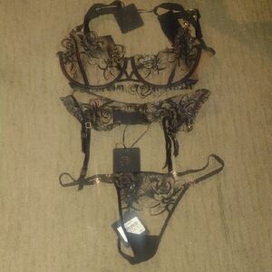 Honey Birdette Black & Gold Sheer Floral Embroidered Lingerie Set